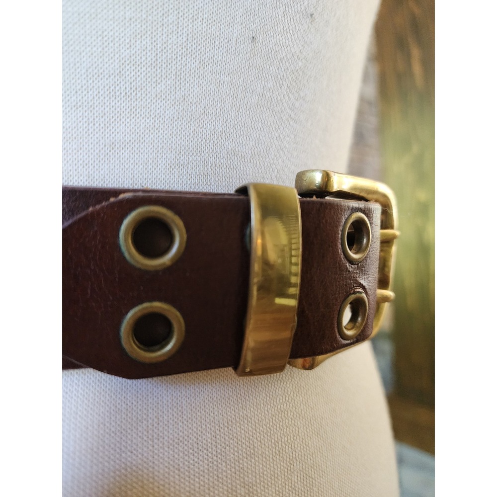 Brown Leather Grommet Belt with Brass Buckle - Women Accessories - Picture 4 of 10